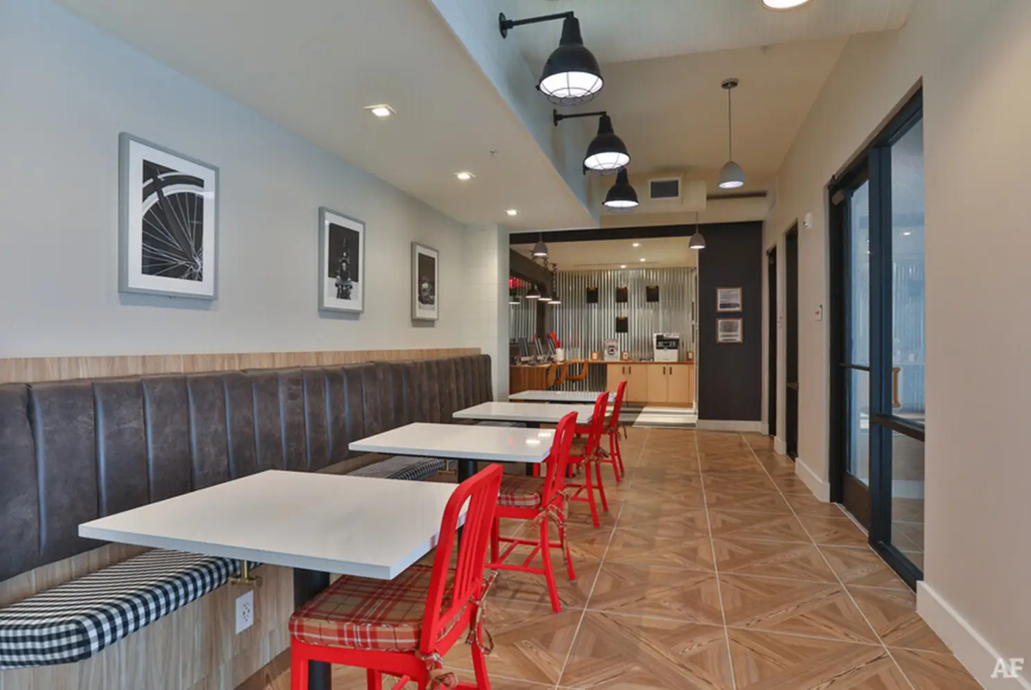 Resident coffee station with tables and seating
